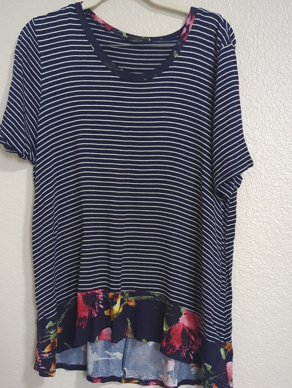 Jodifil Navy Striped Floral-Hem Short Sleeve Top
